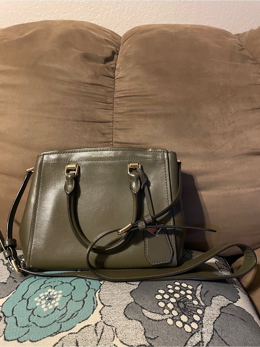 Michael Kors Olive Green Leather Satchel with Gold Hardware